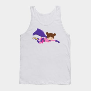 Superhero Girl, Brown Hair, Purple Cape, Cute Girl Tank Top